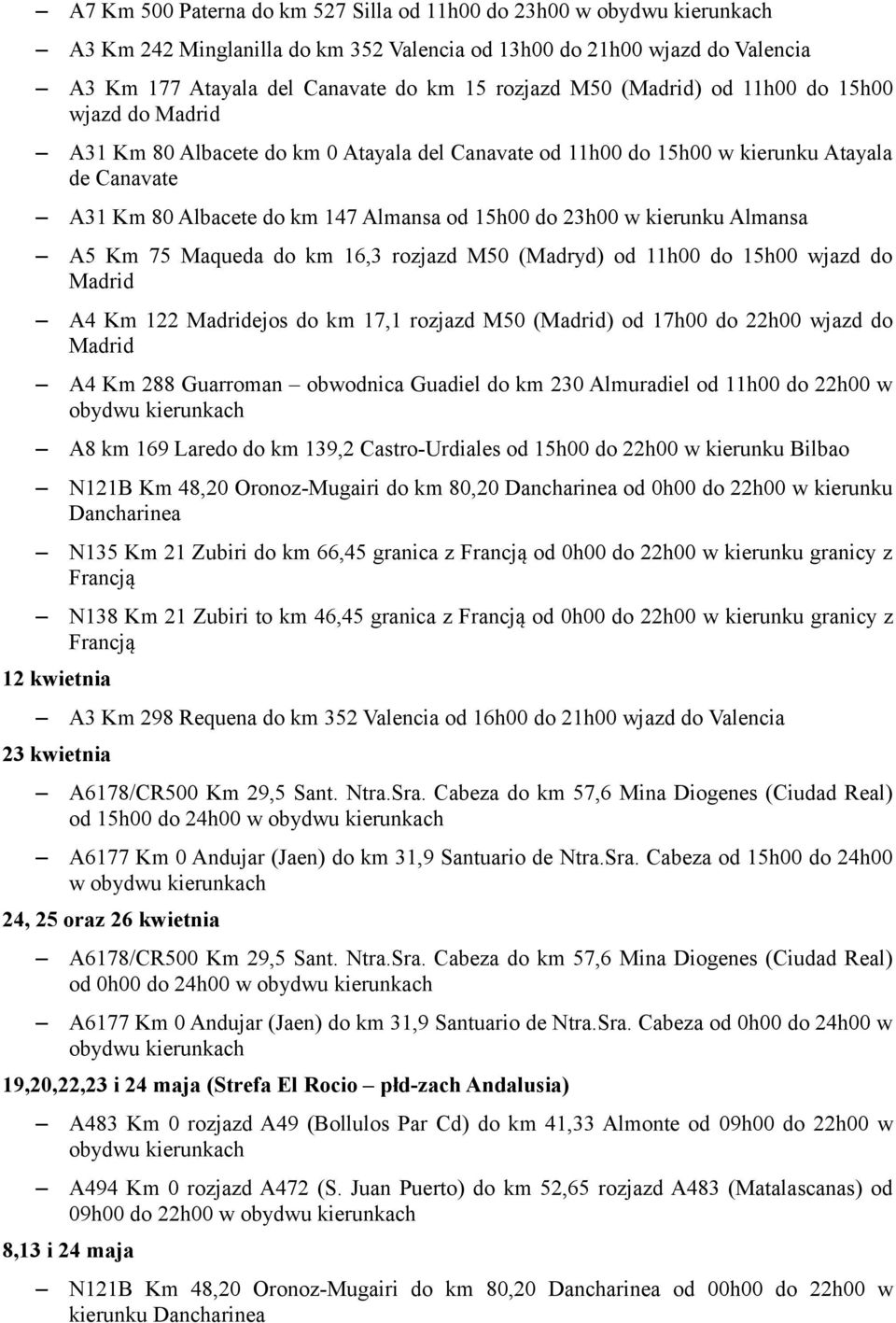 Km 75 Maqueda do km 16,3 rozjazd M50 (Madryd) od 11h00 do 15h00 wjazd do A4 Km 122 ejos do km 17,1 rozjazd M50 () od 17h00 do 22h00 wjazd do A4 Km 288 Guarroman obwodnica Guadiel do km 230 Almuradiel
