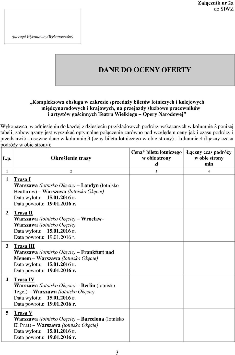 poniżej tabeli, zobowiązany jest wyszukać optymalne połączenie zarówno pod względem ceny jak i czasu podróży i przedstawić stosowne dane w kolumnie 3 (ceny biletu lotniczego w obie strony) i kolumnie