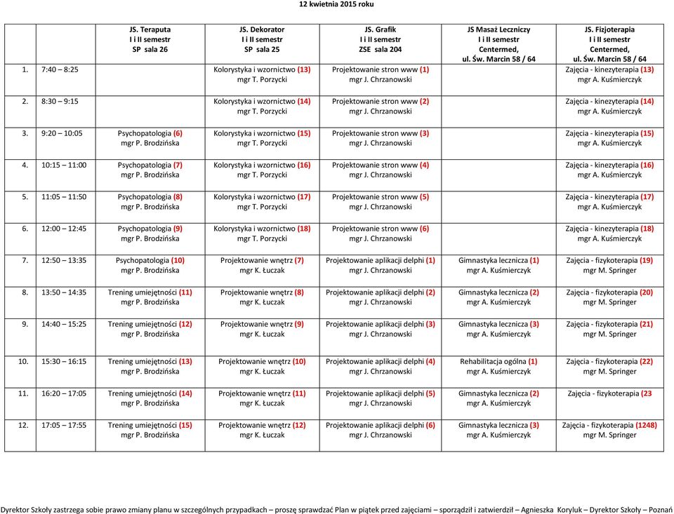 9:20 10:05 Psychopatologia (6) Kolorystyka i wzornictwo (15) Projektowanie stron www (3) Zajęcia - kinezyterapia (15) 4.