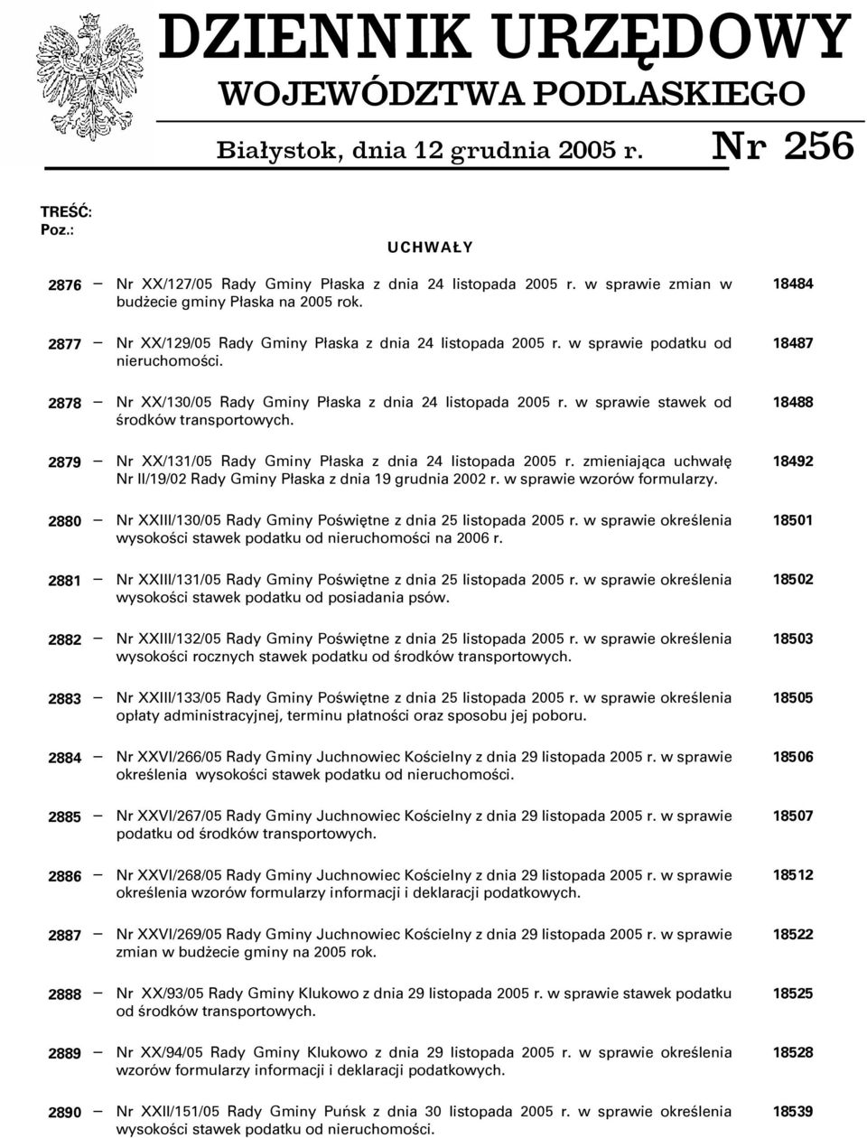 2878 Nr XX/130/05 Rady Gminy Płaska z dnia 24 listopada 2005 r. w sprawie stawek od środków transportowych. 2879 Nr XX/131/05 Rady Gminy Płaska z dnia 24 listopada 2005 r.