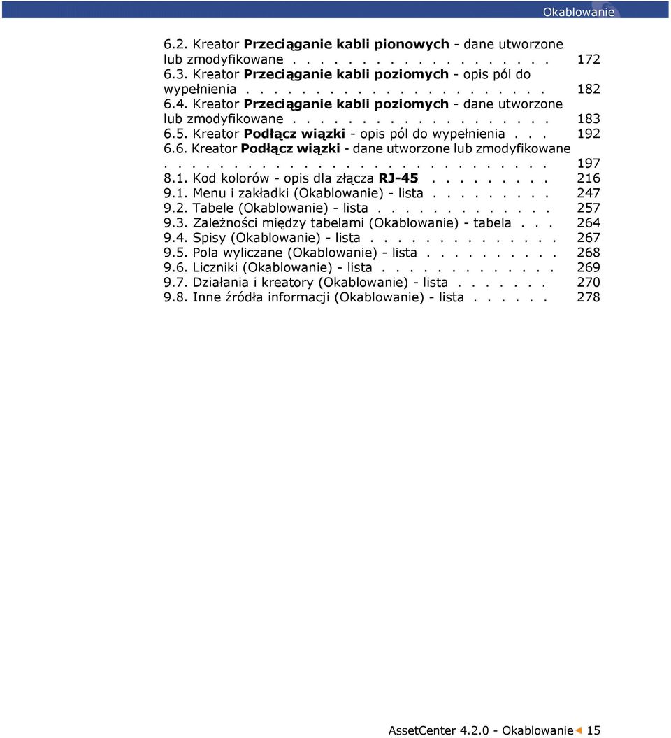 ........................... 197 8.1. Kod kolorów - opis dla złącza RJ-45......... 216 9.1. Menu i zakładki (Okablowanie) - lista......... 247 9.2. Tabele (Okablowanie) - lista............. 257 9.3.