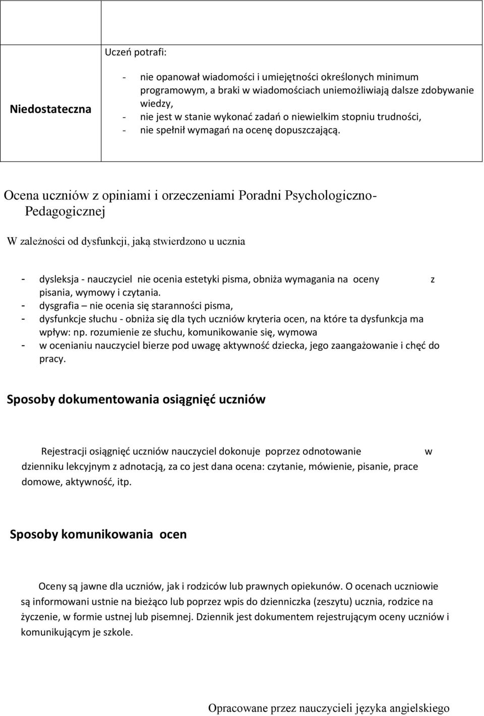 Ocena uczniów z opiniami i orzeczeniami Poradni Psychologiczno- Pedagogicznej W zależności od dysfunkcji, jaką stwierdzono u ucznia - dysleksja - nauczyciel nie ocenia estetyki pisma, obniża