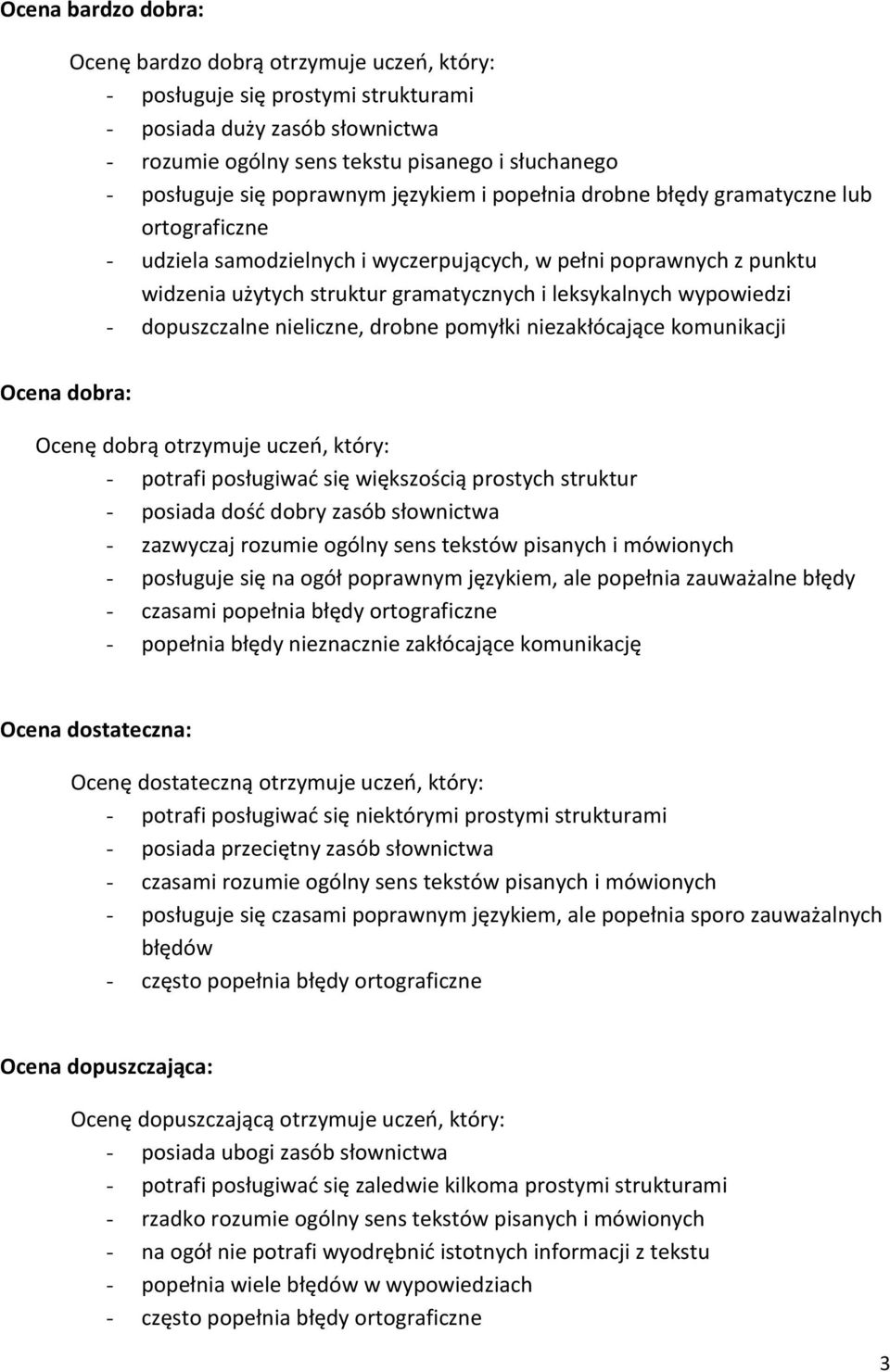 wypowiedzi - dopuszczalne nieliczne, drobne pomyłki niezakłócające komunikacji Ocena dobra: Ocenę dobrą otrzymuje uczeń, który: - potrafi posługiwać się większością prostych struktur - posiada dość