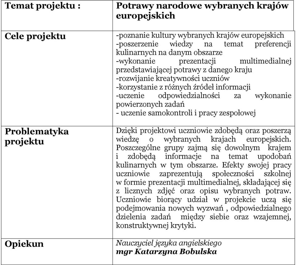 odpowiedzialności za wykonanie powierzonych zadań - uczenie samokontroli i pracy zespołowej Dzięki projektowi uczniowie zdobędą oraz poszerzą wiedzę o wybranych krajach europejskich.