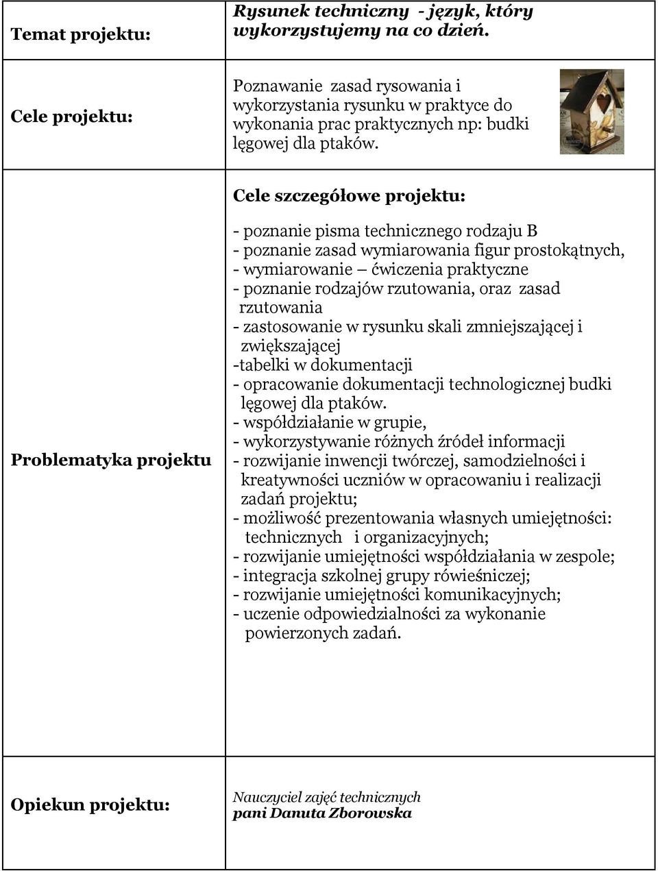 rzutowania - zastosowanie w rysunku skali zmniejszającej i zwiększającej -tabelki w dokumentacji - opracowanie dokumentacji technologicznej budki lęgowej dla ptaków.