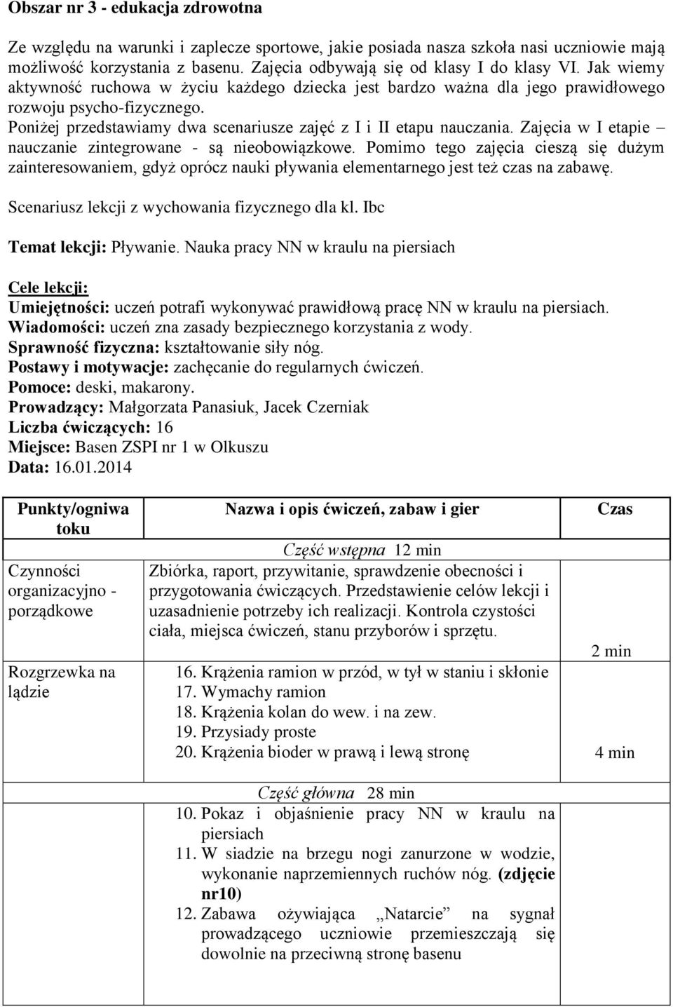 Zajęcia w I etapie nauczanie zintegrowane - są nieobowiązkowe. Pomimo tego zajęcia cieszą się dużym zainteresowaniem, gdyż oprócz nauki pływania elementarnego jest też czas na zabawę.