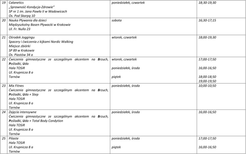 Piastów 34 a 22 Ćwiczenia gimnastyczne ze szczególnym akcentem na Brzuch, Pośladki, Uda 23 Mix Fitnes Ćwiczenia gimnastyczne ze szczególnym akcentem na Brzuch, Pośladki, Uda + Step 24 Zajęcia