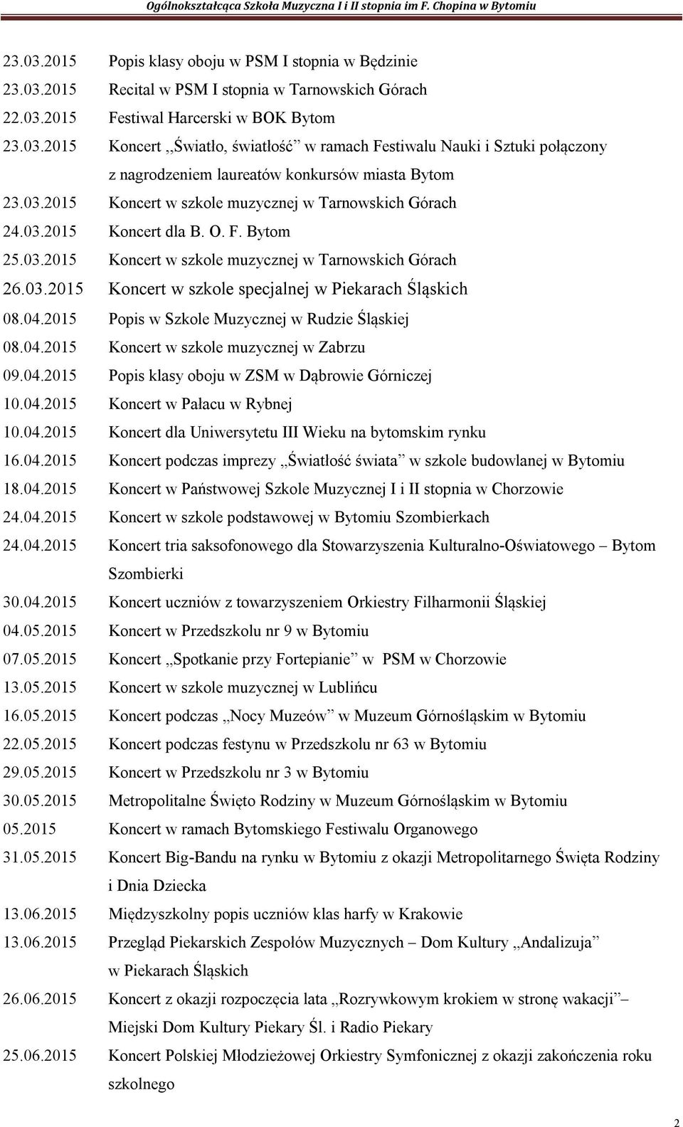 04.2015 Popis w Szkole Muzycznej w Rudzie Śląskiej 08.04.2015 Koncert w szkole muzycznej w Zabrzu 09.04.2015 Popis klasy oboju w ZSM w Dąbrowie Górniczej 10.04.2015 Koncert w Pałacu w Rybnej 10.04.2015 Koncert dla Uniwersytetu III Wieku na bytomskim rynku 16.