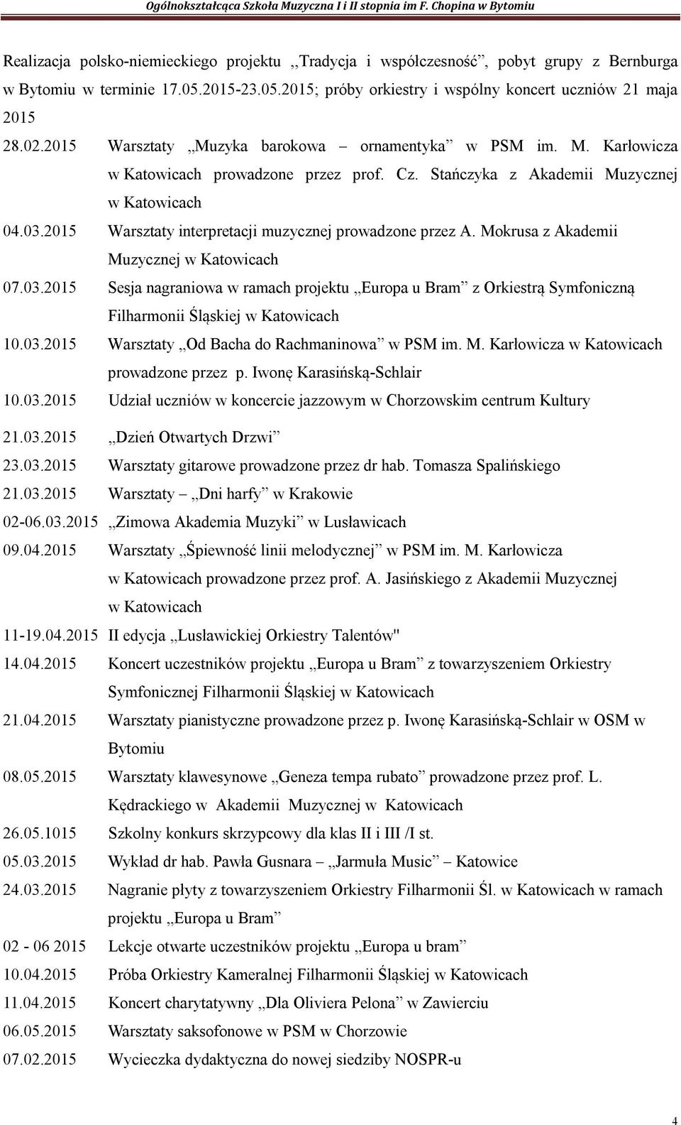 2015 Warsztaty interpretacji muzycznej prowadzone przez A. Mokrusa z Akademii Muzycznej w Katowicach 07.03.