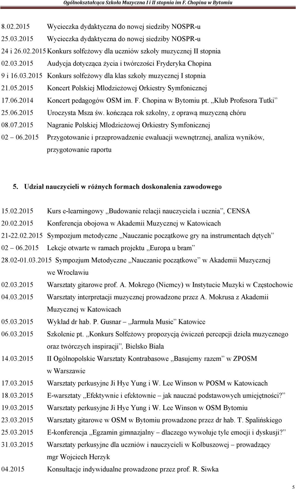 Klub Profesora Tutki 25.06.2015 Uroczysta Msza św. kończąca rok szkolny, z oprawą muzyczną chóru 08.07.2015 Nagranie Polskiej Młodzieżowej Orkiestry Symfonicznej 02 06.