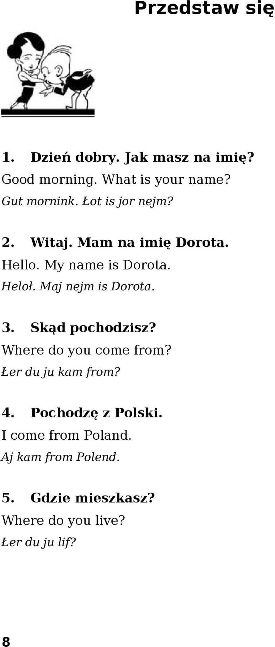 Maj nejm is Dorota. 3. Skąd pochodzisz? Where do you come from? Łer du ju kam from? 4.