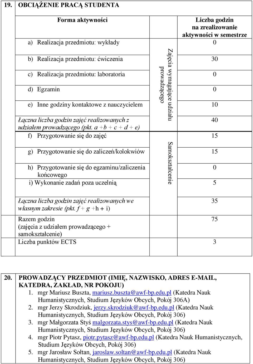 0 d) Egzamin 0 e) Inne godziny kontaktowe z nauczycielem 10 Łączna liczba godzin zajęć realizowanych z udziałem (pkt.