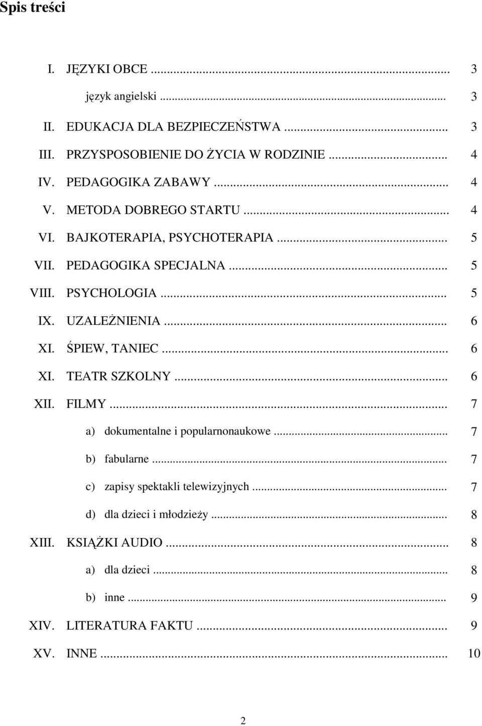 UZALEŻNIENIA... 6 XI. ŚPIEW, TANIEC... 6 XI. TEATR SZKOLNY... 6 XII. FILMY... 7 a) dokumentalne i popularnonaukowe... 7 b) fabularne.