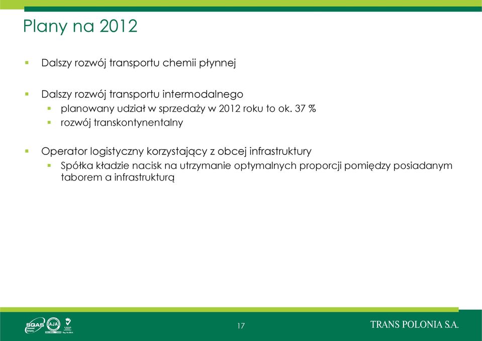 37 % rozwój transkontynentalny Operator logistyczny korzystający z obcej