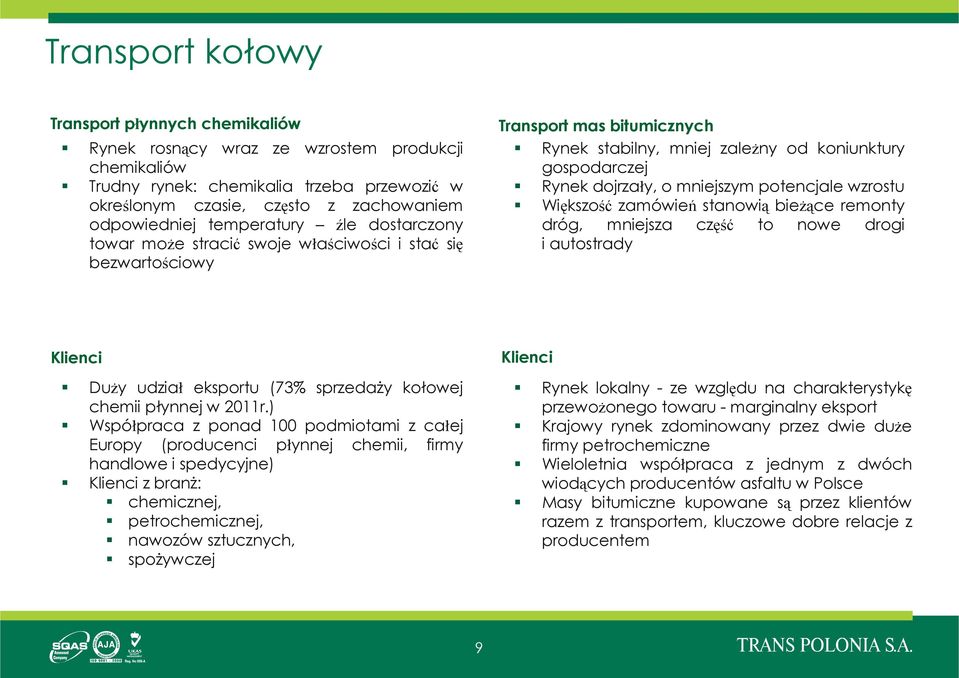 mniejszym potencjale wzrostu Większość zamówień stanowią bieżące remonty dróg, mniejsza część to nowe drogi i autostrady Klienci Duży udział eksportu (73% sprzedaży kołowej chemii płynnej w 2011r.