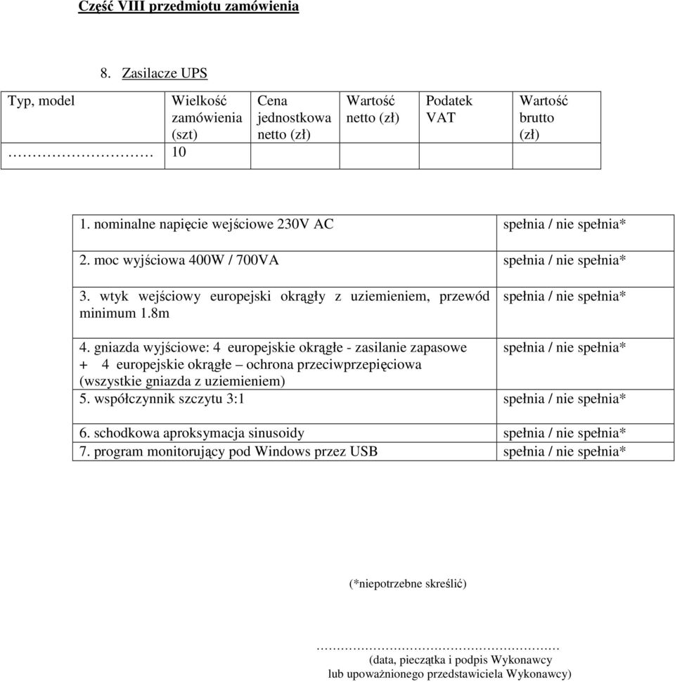 gniazda wyjściowe: 4 europejskie okrągłe - zasilanie zapasowe + 4 europejskie okrągłe ochrona