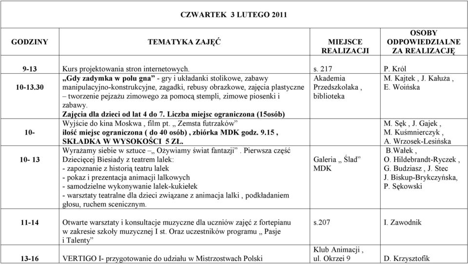 stempli, zimowe piosenki i biblioteka zabawy. Zajęcia dla dzieci od lat 4 do 7. Liczba miejsc ograniczona (15osób) 10-13.30 10-10- 13 Wyjście do kina Moskwa, film pt.