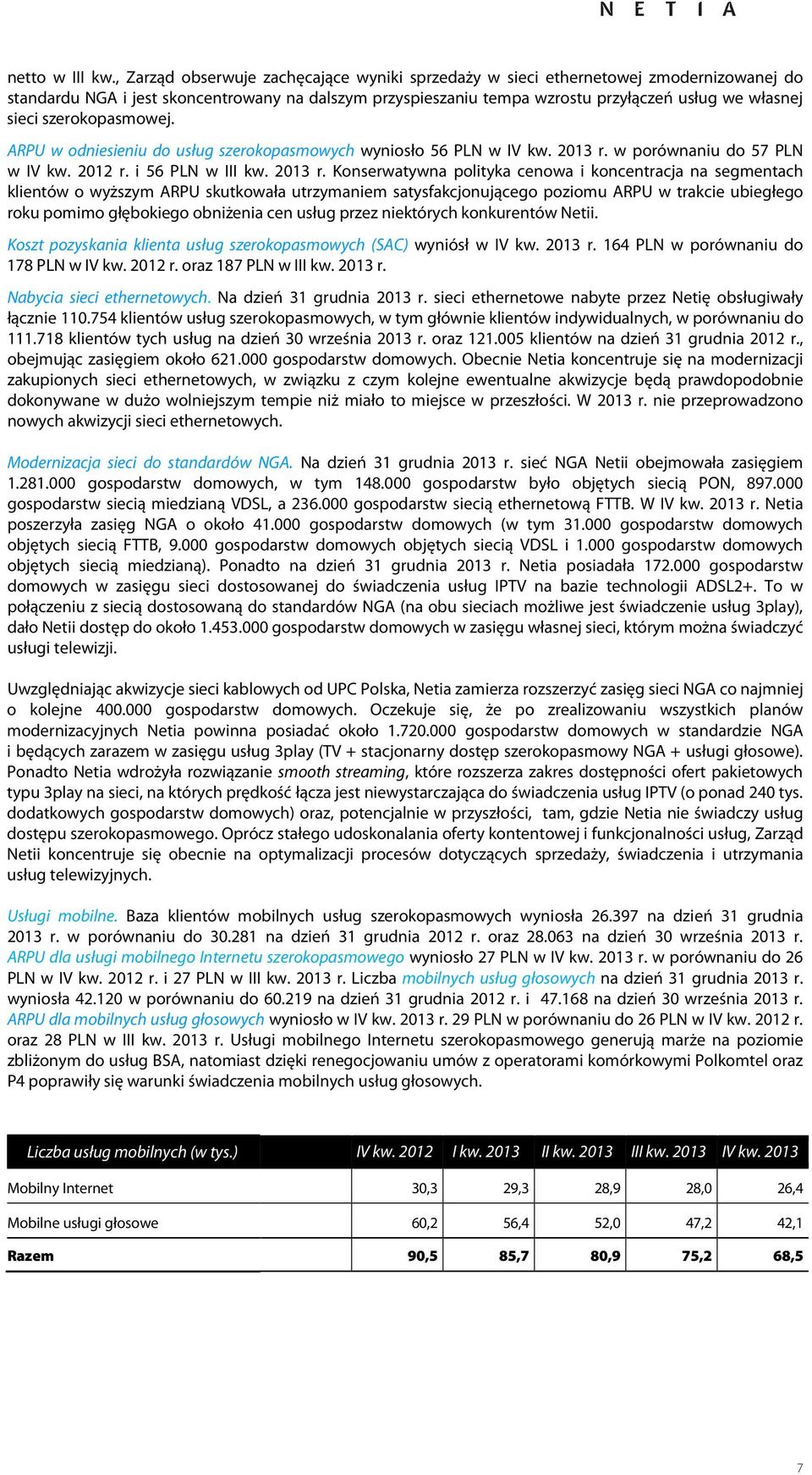 szerokopasmowej. ARPU w odniesieniu do usług szerokopasmowych wyniosło 56 PLN w IV kw. r.