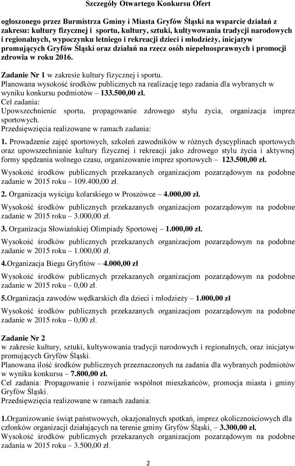 Zadanie Nr 1 w zakresie kultury fizycznej i sportu. Planowana wysokość środków publicznych na realizację tego zadania dla wybranych w wyniku konkursu podmiotów 133.500,00 zł.