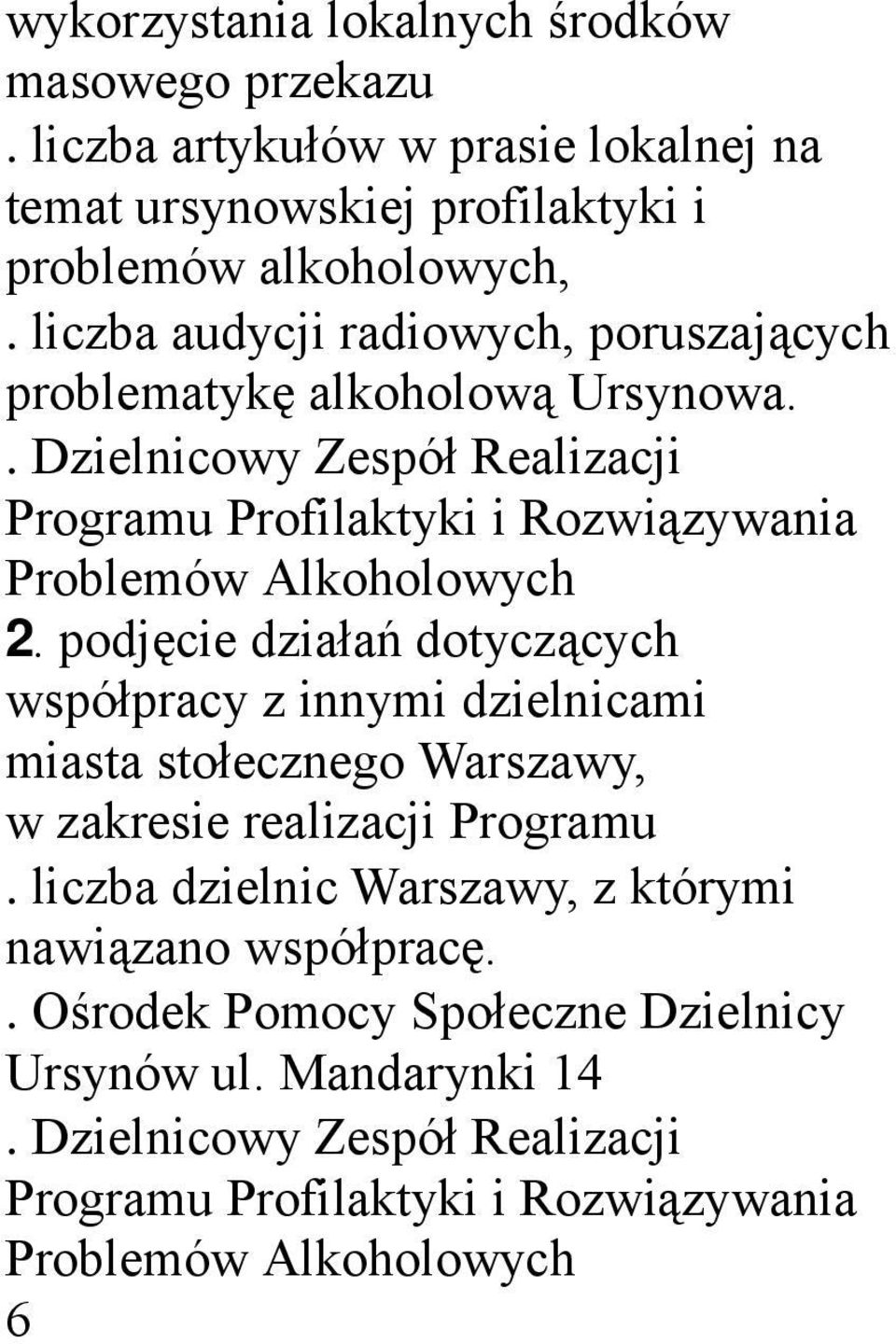 liczba audycji radiowych, poruszających problematykę alkoholową Ursynowa. 2.