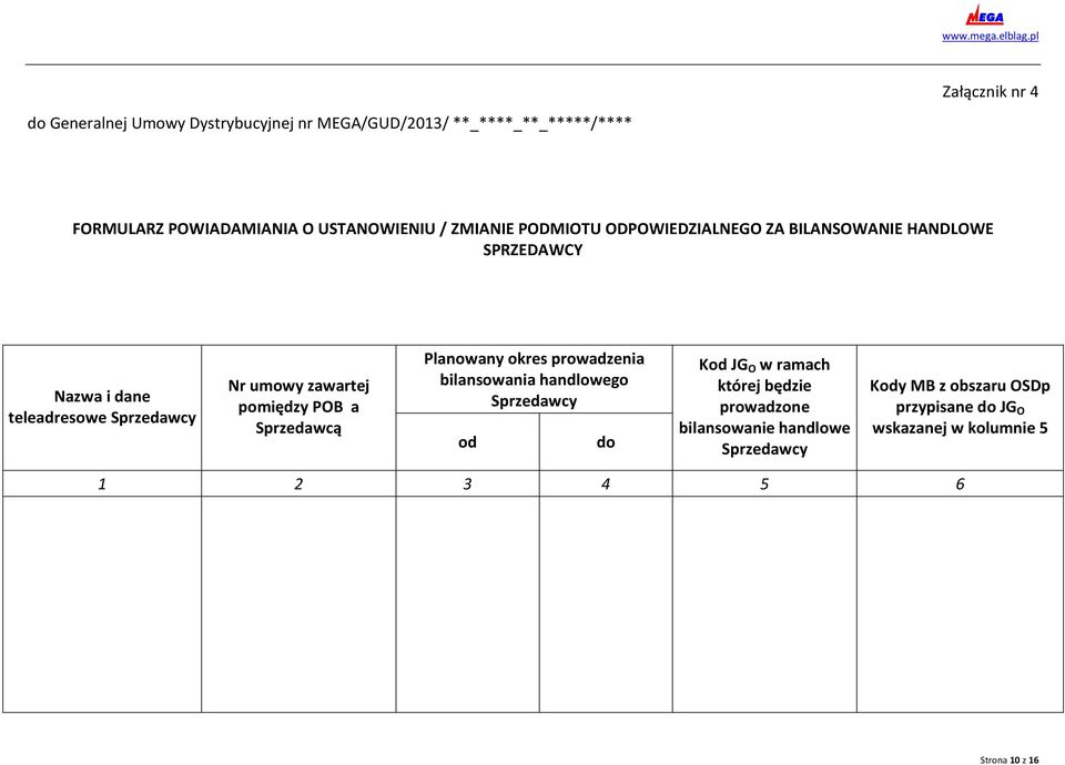 pomiędzy POB a Sprzedawcą Planowany okres prowadzenia bilansowania handlowego Sprzedawcy od do Kod JG O w ramach której będzie