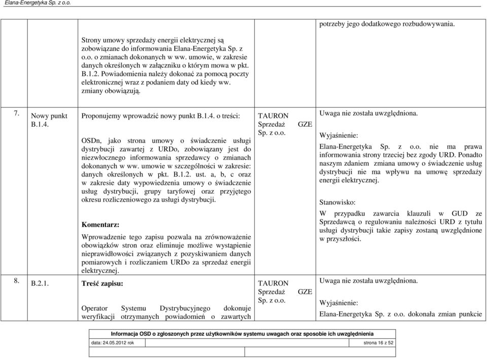 Nowy punkt B.1.4. Proponujemy wprowadzić nowy punkt B.1.4. o treści: OSDn, jako strona umowy o świadczenie usługi dystrybucji zawartej z URDo, zobowiązany jest do niezwłocznego informowania sprzedawcy o zmianach dokonanych w ww.