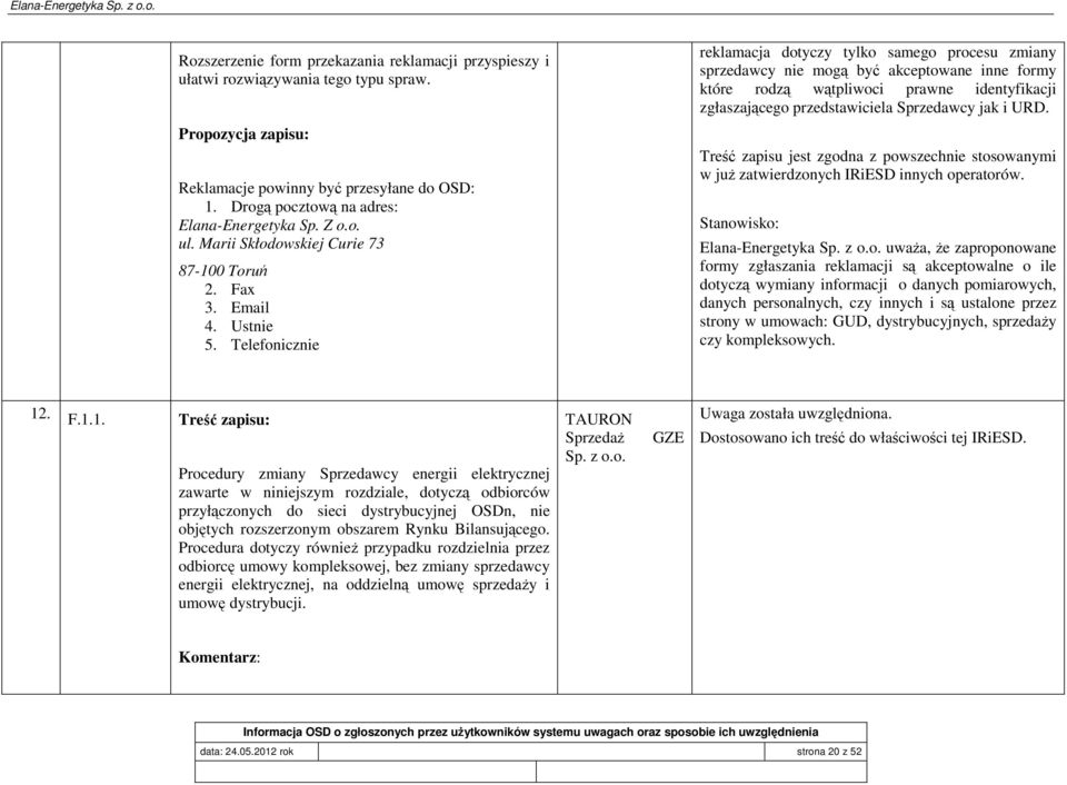 Propozycja zapisu: Reklamacje powinny być przesyłane do OSD: 1. Drogą pocztową na adres: Elana-Energetyka Sp. Z ul. Marii Skłodowskiej Curie 73 87-100 Toruń 2. Fax 3. Email 4. Ustnie 5.