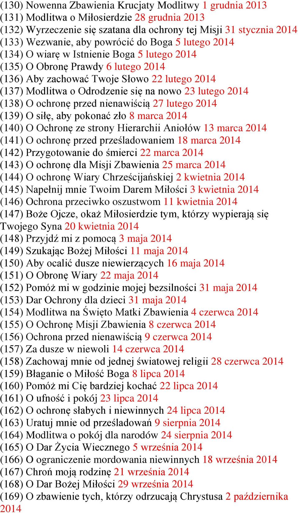 23 lutego 2014 (138) O ochronę przed nienawiścią 27 lutego 2014 (139) O siłę, aby pokonać zło 8 marca 2014 (140) O Ochronę ze strony Hierarchii Aniołów 13 marca 2014 (141) O ochronę przed