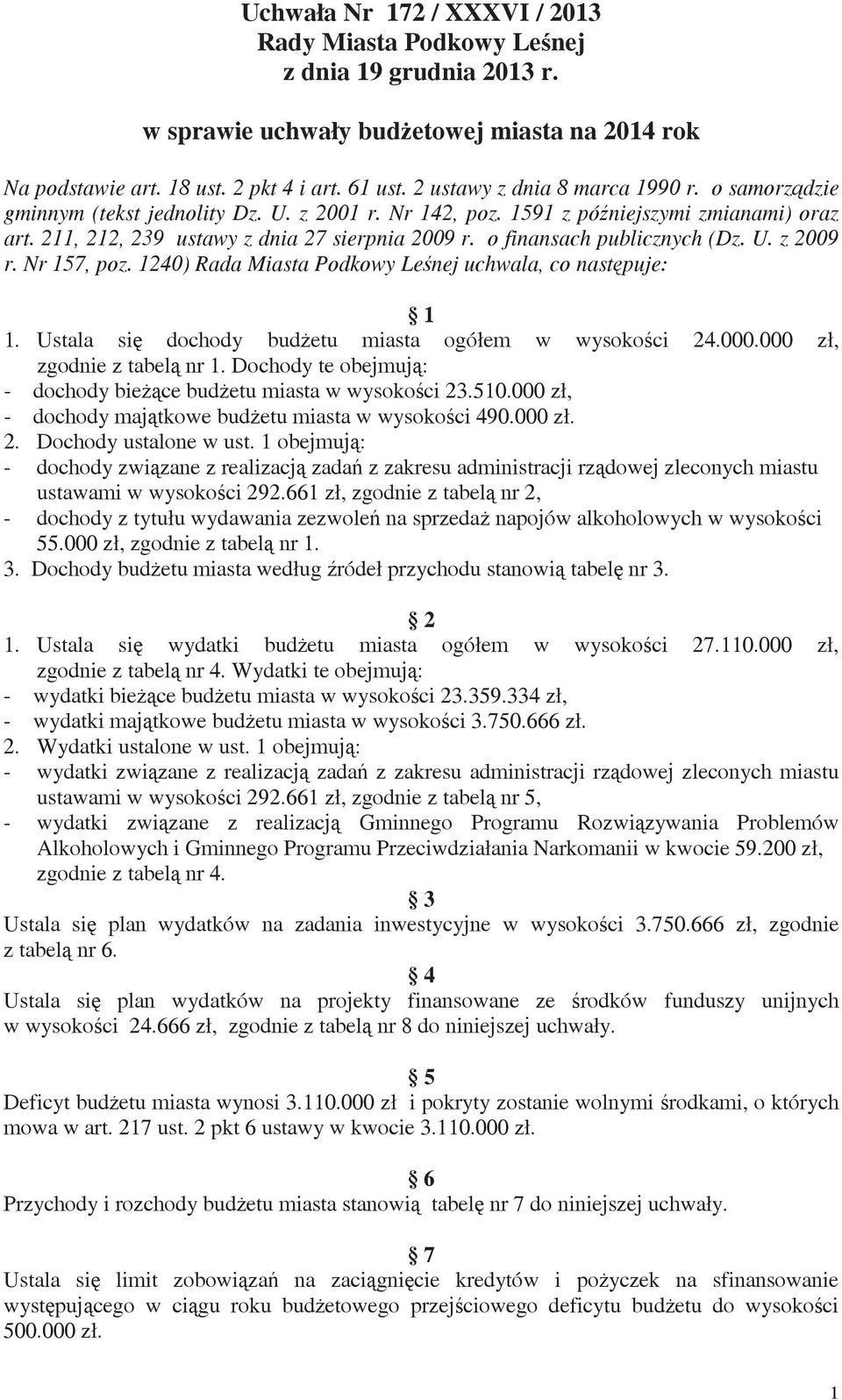 o finansach publicznych (Dz. U. z 29 r. Nr 157, poz. 124) Rada Miasta Podkowy Le nej uchwala, co nast puje: 1 1. Ustala si dochody bud etu miasta ogółem w wysoko ci 24.. zł, zgodnie z tabel nr 1.