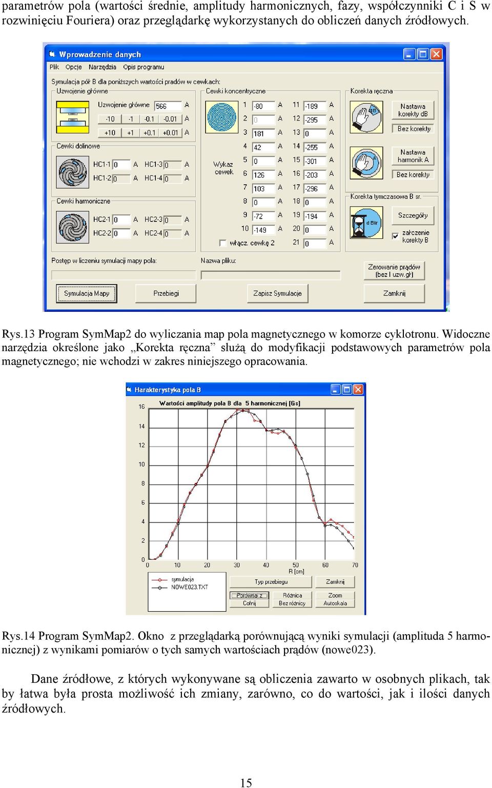 Widoczne narzędzia określone jako Korekta ręczna służą do modyfikacji podstawowych parametrów pola magnetycznego; nie wchodzi w zakres niniejszego opracowania. Rys.14 Program SymMap2.