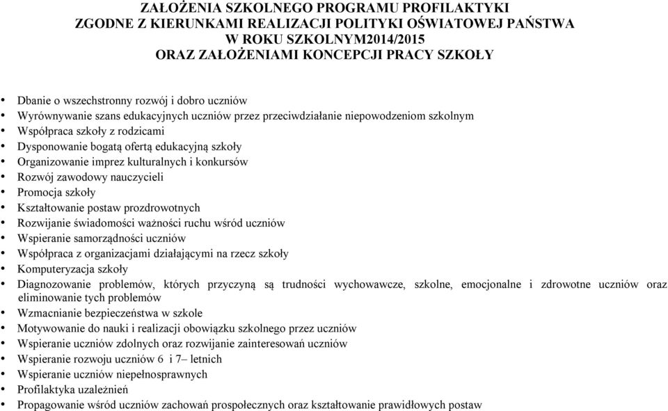 kulturalnych i konkursów Rozwój zawodowy nauczycieli Promocja szkoły Kształtowanie postaw prozdrowotnych Rozwijanie świadomości ważności ruchu wśród uczniów Wspieranie samorządności uczniów