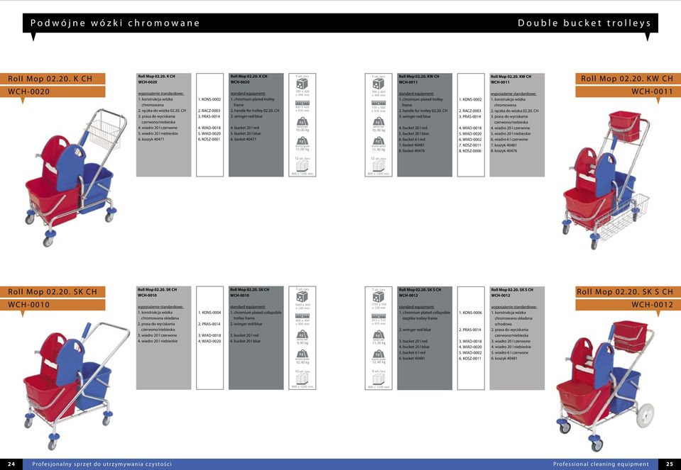 chromium plated trolley frame 2. handle for trolley 02.20. CH 3. wringer red/blue 4. bucket 20 l red 5. bucket 20 l blue 6.