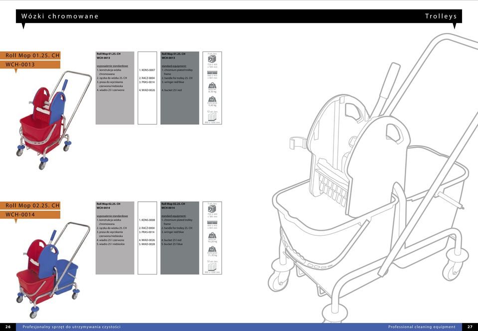 bucket 25 l red 730 x 420 x 500 mm 840 x 410 x 865 mm 8,50 kg 9,60 kg 12 szt./pcs Roll Mop 02.25. CH WCH-0014 Roll Mop 02.25. CH WCH-0014 wyposażenie standardowe chromowana 2. rączka do wózka 25.