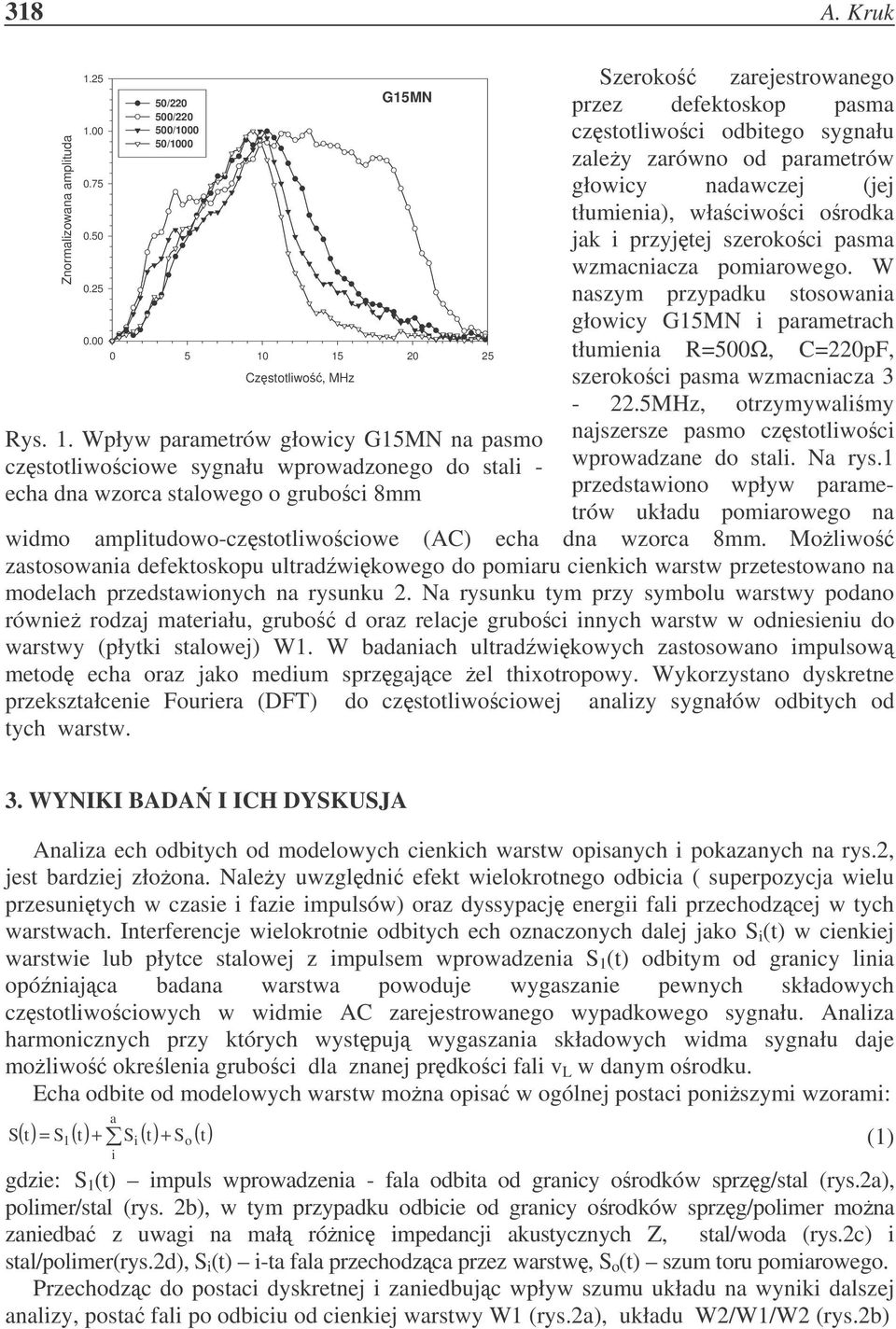 zrejestrownego przez defektoskop psm czstotliwoci odbitego sygnłu zley zrówno od prmetrów głowicy ndwczej (jej tłumieni, włciwoci orodk jk i przyjtej szerokoci psm wzmcnicz pomirowego.