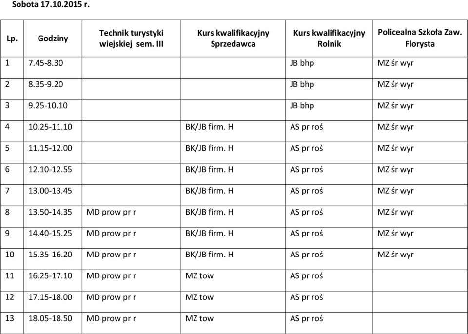 H AS pr roś MZ śr wyr 8 13.50-14.35 MD prow pr r BK/JB firm. H AS pr roś MZ śr wyr 9 14.40-15.25 MD prow pr r BK/JB firm. H AS pr roś MZ śr wyr 10 15.
