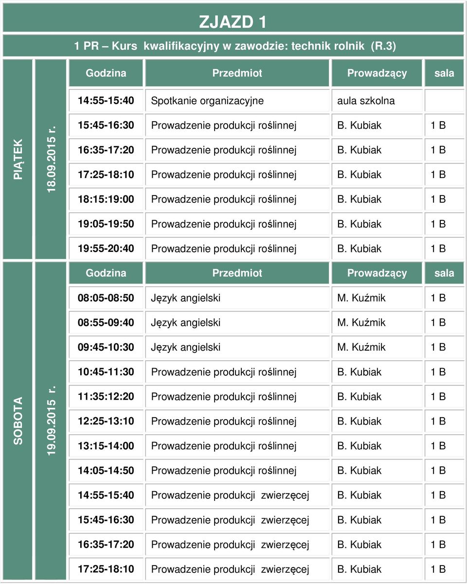 Kubiak 1 B 19:55-20:40 Prowadzenie produkcji roślinnej B. Kubiak 1 B 08:05-08:50 Język angielski M. Kuźmik 1 B 08:55-09:40 Język angielski M. Kuźmik 1 B 09:45-10:30 Język angielski M.