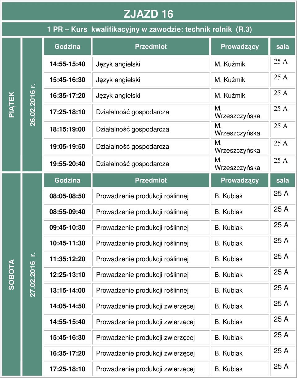 Wrzeszczyńska M. Wrzeszczyńska M. Wrzeszczyńska 25 A 25 A 25 A 25 A 08:05-08:50 Prowadzenie produkcji roślinnej B. Kubiak 25 A 08:55-09:40 Prowadzenie produkcji roślinnej B.