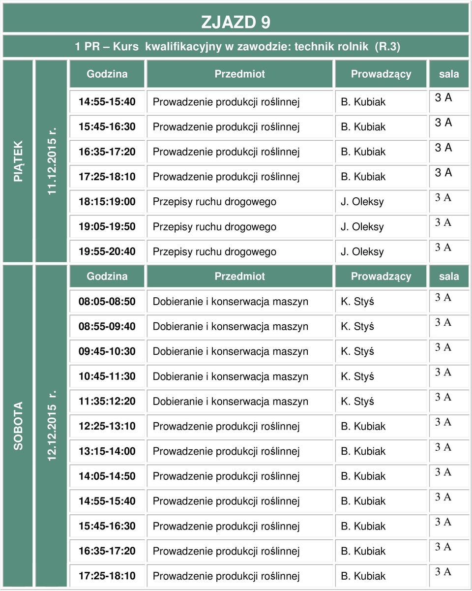 Oleksy 08:05-08:50 Dobieranie i konserwacja maszyn K. Styś 08:55-09:40 Dobieranie i konserwacja maszyn K. Styś 09:45-10:30 Dobieranie i konserwacja maszyn K.