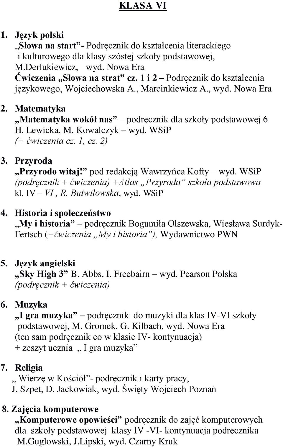 WSiP (+ ćwiczenia cz. 1, cz. 2) Przyrodo witaj! pod redakcją Wawrzyńca Kofty wyd. WSiP (podręcznik + ćwiczenia) +Atlas Przyroda szkoła podstawowa kl. IV VI, R. Butwiłowska, wyd.