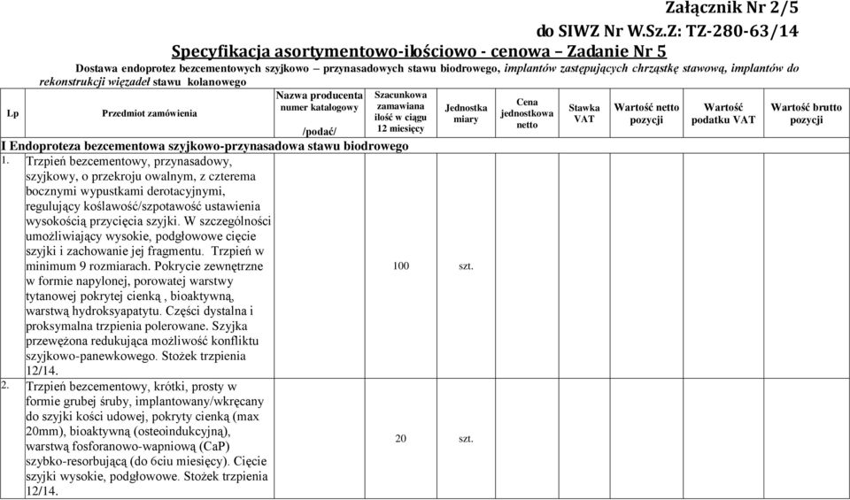 implantów do rekonstrukcji więzadeł stawu kolanowego Przedmiot zamówienia Nazwa producenta numer katalogowy /podać/ Szacunkowa zamawiana ilość w ciągu 12 miesięcy I Endoproteza bezcementowa