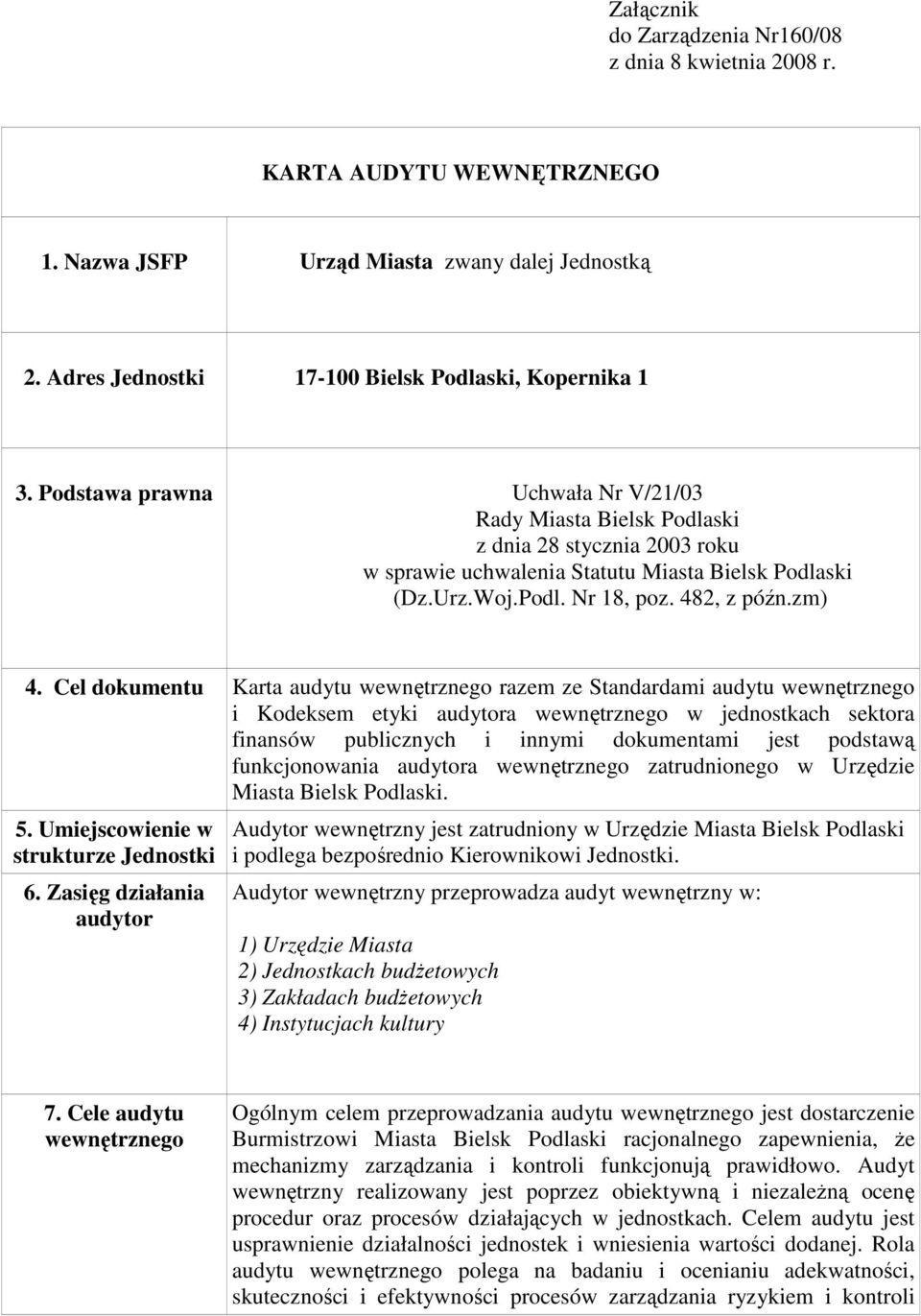 Cel dokumentu Karta audytu razem ze Standardami audytu i Kodeksem etyki audytora w jednostkach sektora finansów publicznych i innymi dokumentami jest podstawą funkcjonowania audytora zatrudnionego w