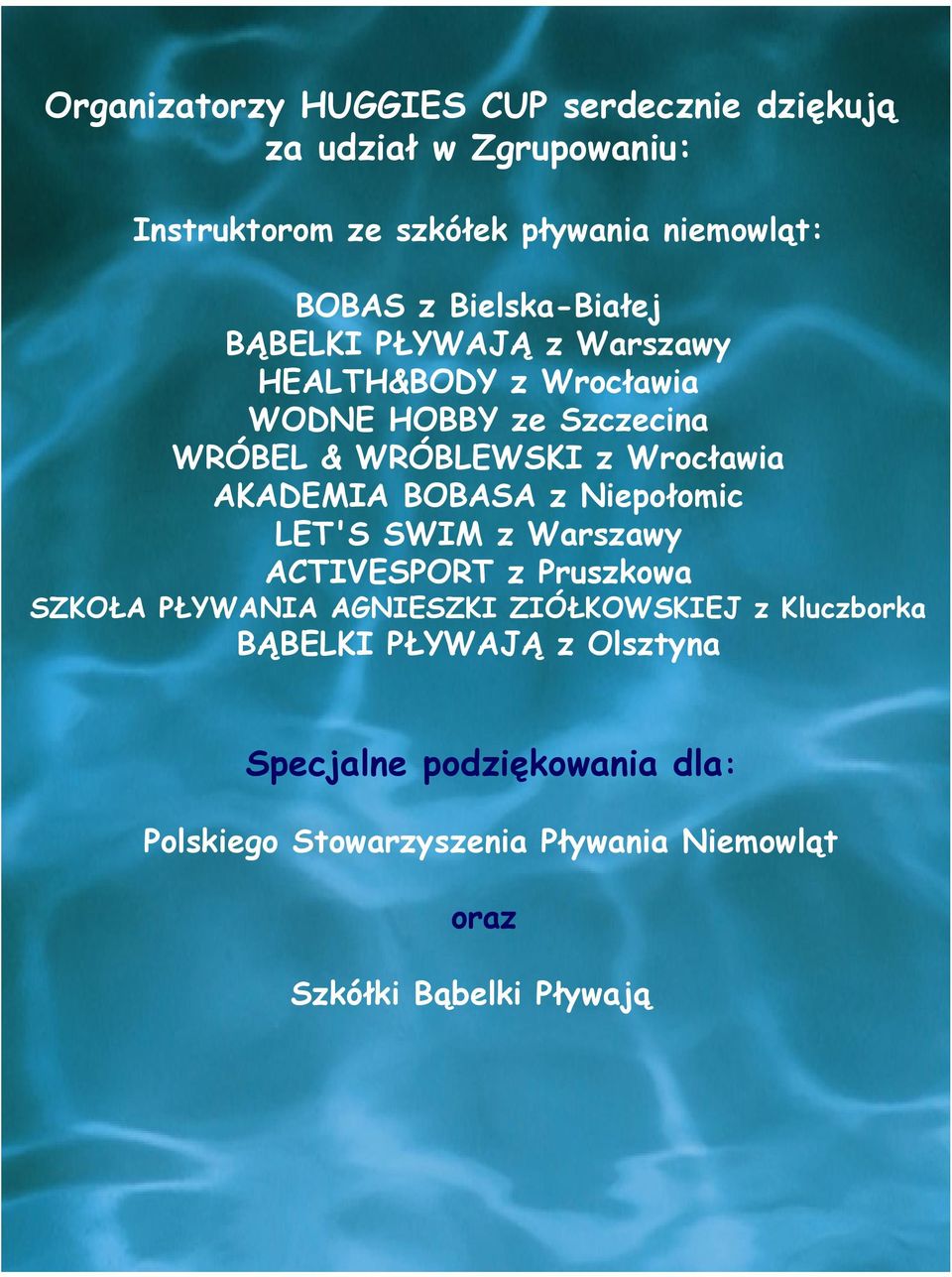 AKADEMIA BOBASA z Niepołomic LET'S SWIM z Warszawy ACTIVESPORT z Pruszkowa SZKOŁA PŁYWANIA AGNIESZKI ZIÓŁKOWSKIEJ z