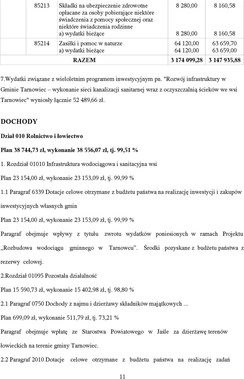 "Rozwój infrastruktury w Gminie Tarnowiec wykonanie sieci kanalizacji sanitarnej wraz z oczyszczalnią ścieków we wsi Tarnowiec" wyniosły łącznie 52 489,66 zł.