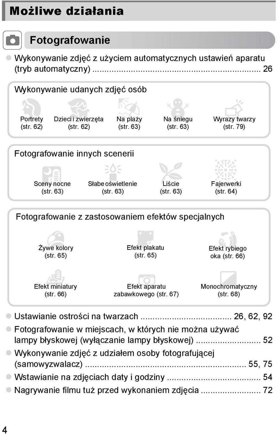 63) t Fajerwerki (str. 64) Fotografowanie z zastosowaniem efektów specjalnych Żywe kolory (str. 65) Efekt plakatu (str. 65) Efekt rybiego oka (str. 66) Efekt miniatury (str.