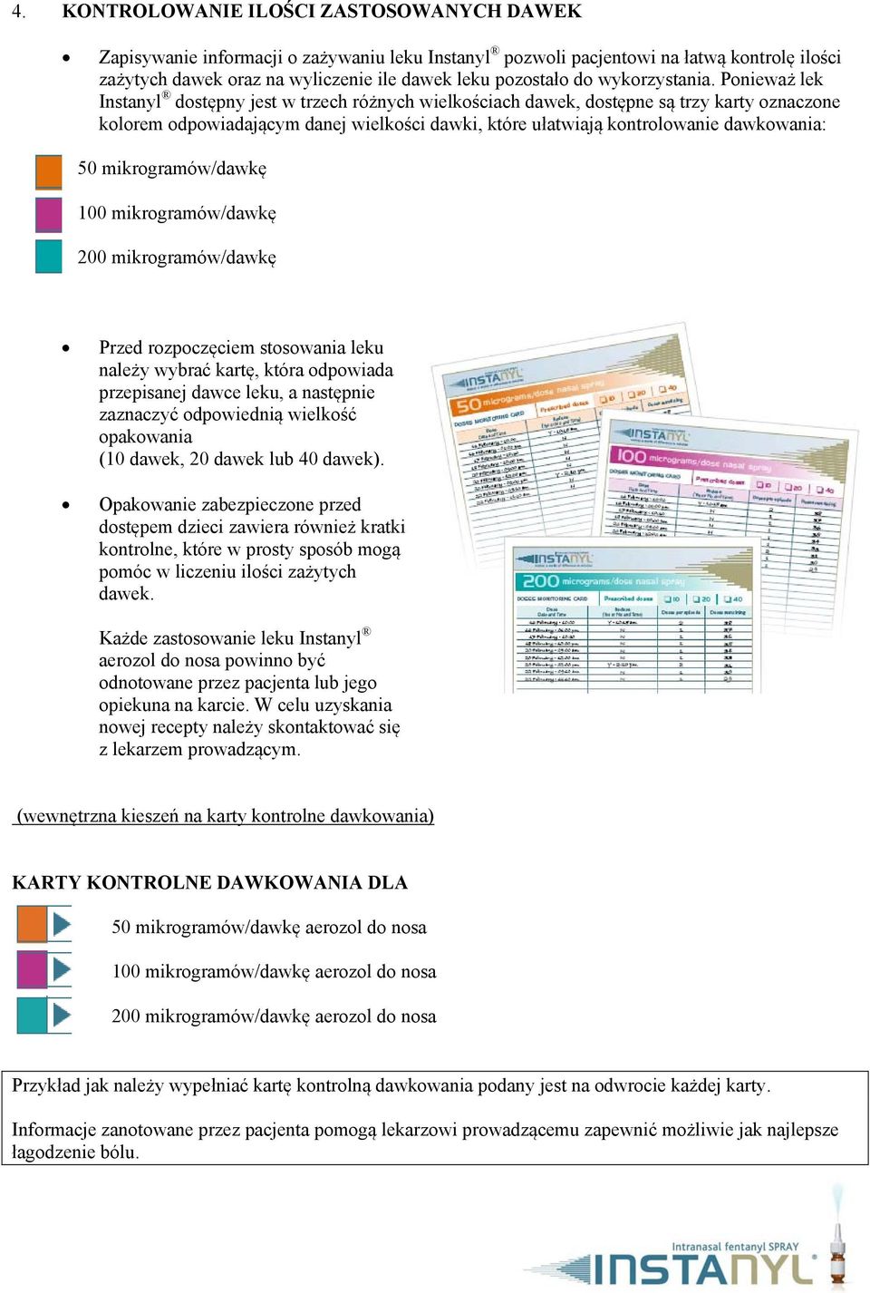 Ponieważ lek Instanyl dostępny jest w trzech różnych wielkościach dawek, dostępne są trzy karty oznaczone kolorem odpowiadającym danej wielkości dawki, które ułatwiają kontrolowanie dawkowania: 50
