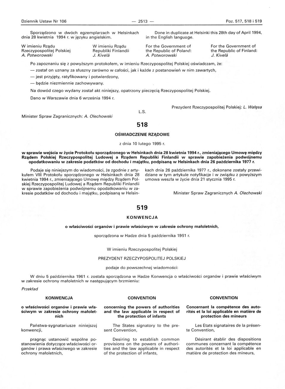 Kivela For the Government of For the Government of the Republic of Poland: the Republic of Finland: A. Potworowski J.