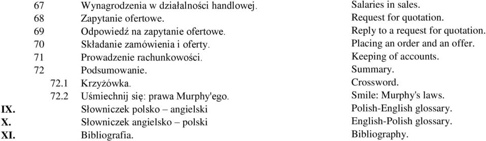 71 Prowadzenie rachunkowości. Keeping of accounts. 72 Podsumowanie. Summary. 72.1 Krzyżówka. Crossword. 72.2 Uśmiechnij się: prawa Murphy'ego.