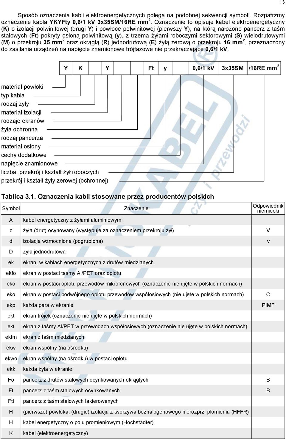 (y), z trzema żyłami roboczymi sektorowymi (S) wielodrutowymi (M) o przekroju 35 mm 2 oraz okrągłą (R) jednodrutową (E) żyłą zerową o przekroju 16 mm 2, przeznaczony do zasilania urządzeń na napięcie