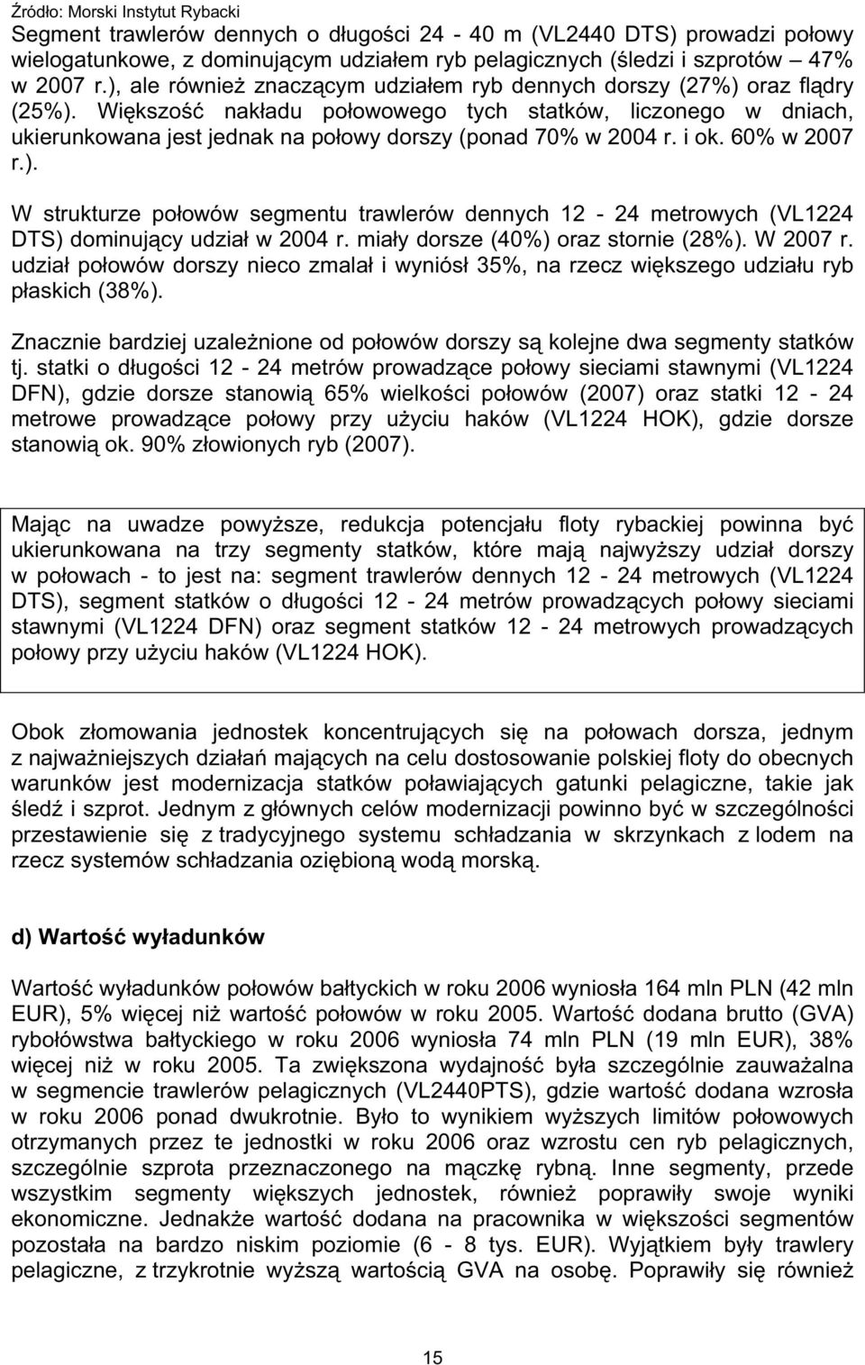 60% w 2007 r.). W strukturze poowów segmentu trawlerów dennych 12-24 metrowych (VL1224 DTS) dominujcy udzia w 2004 r. miay dorsze (40%) oraz stornie (28%). W 2007 r.