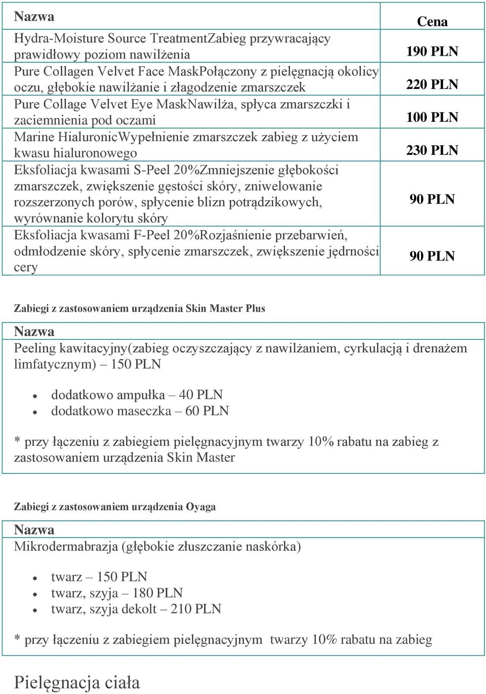 głębokości zmarszczek, zwiększenie gęstości skóry, zniwelowanie rozszerzonych porów, spłycenie blizn potrądzikowych, wyrównanie kolorytu skóry Eksfoliacja kwasami F-Peel 20%Rozjaśnienie przebarwień,